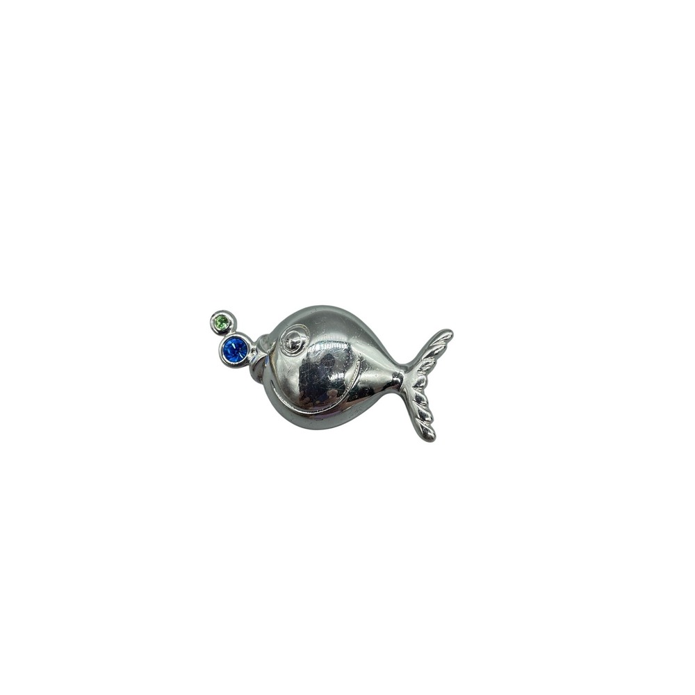 Vintage‎ Silver Tone Whimsical Fish Brooch Pin Blue Green Rhinestone Bubbles